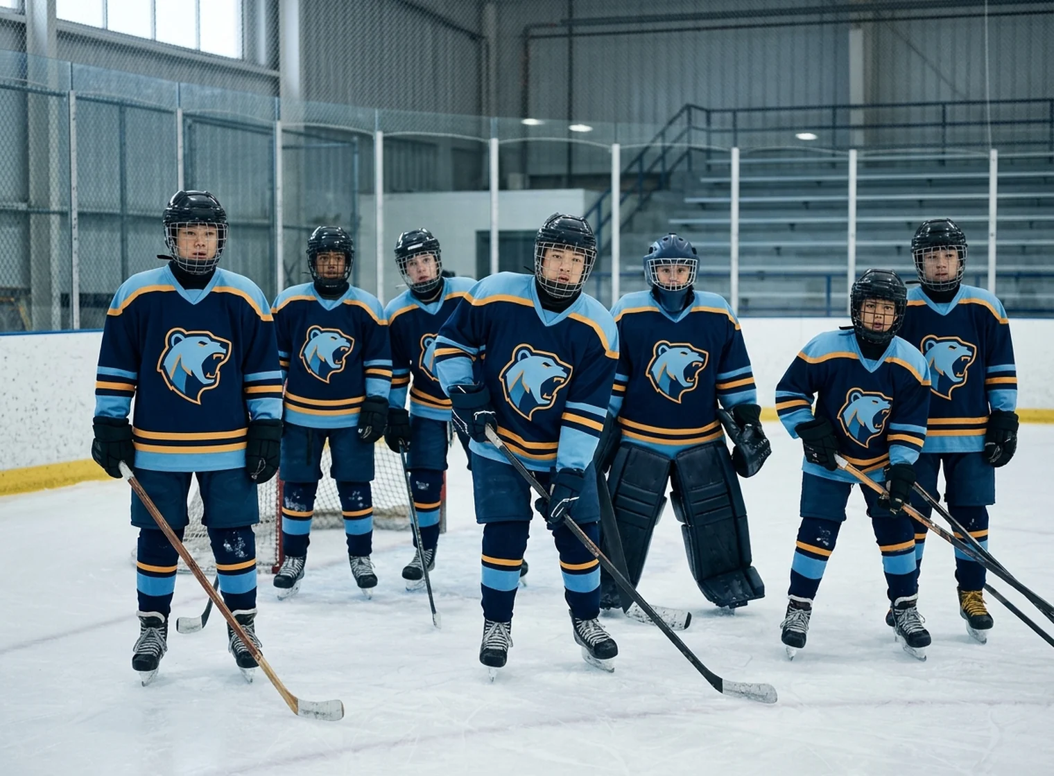 A youth hockey team on the ice in matched fictional team kits, jerseys socks and shells in one colorway
