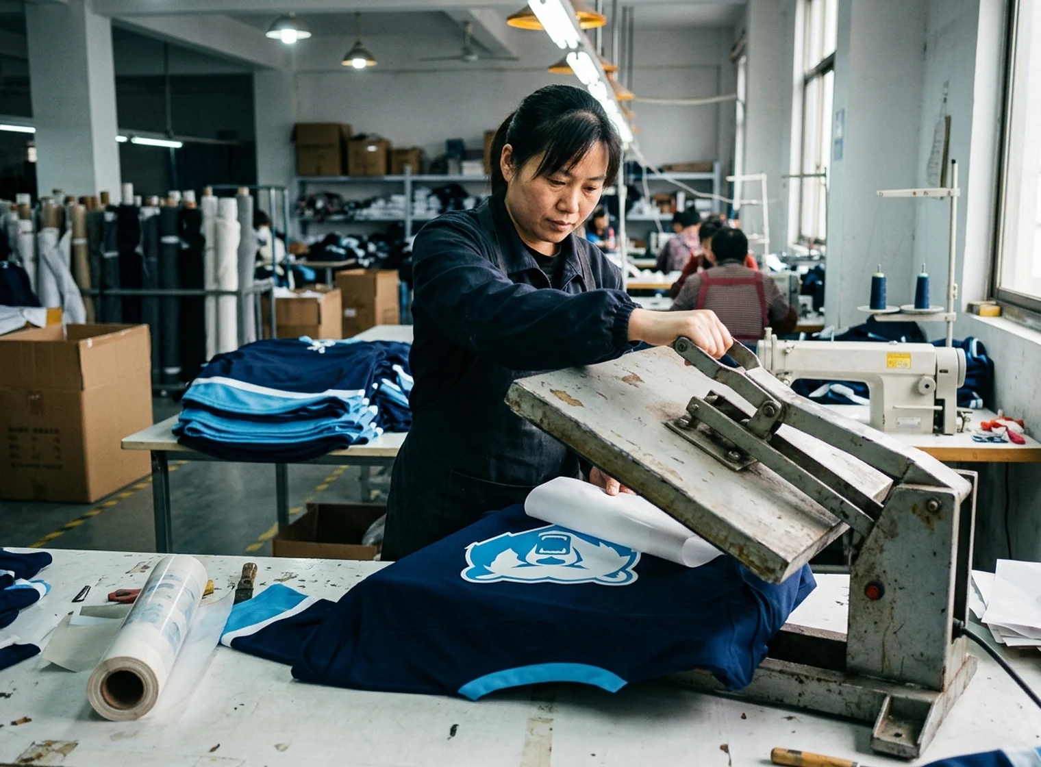 A decoration shop worker pressing a fictional team print onto an undecorated jersey