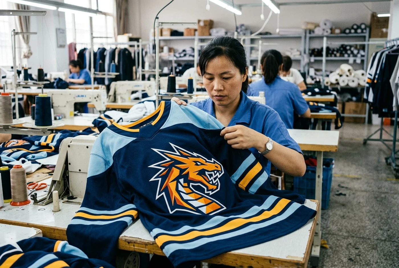 A decorated custom hockey jersey in a fictional team colorway with invented crest and two-digit numbers