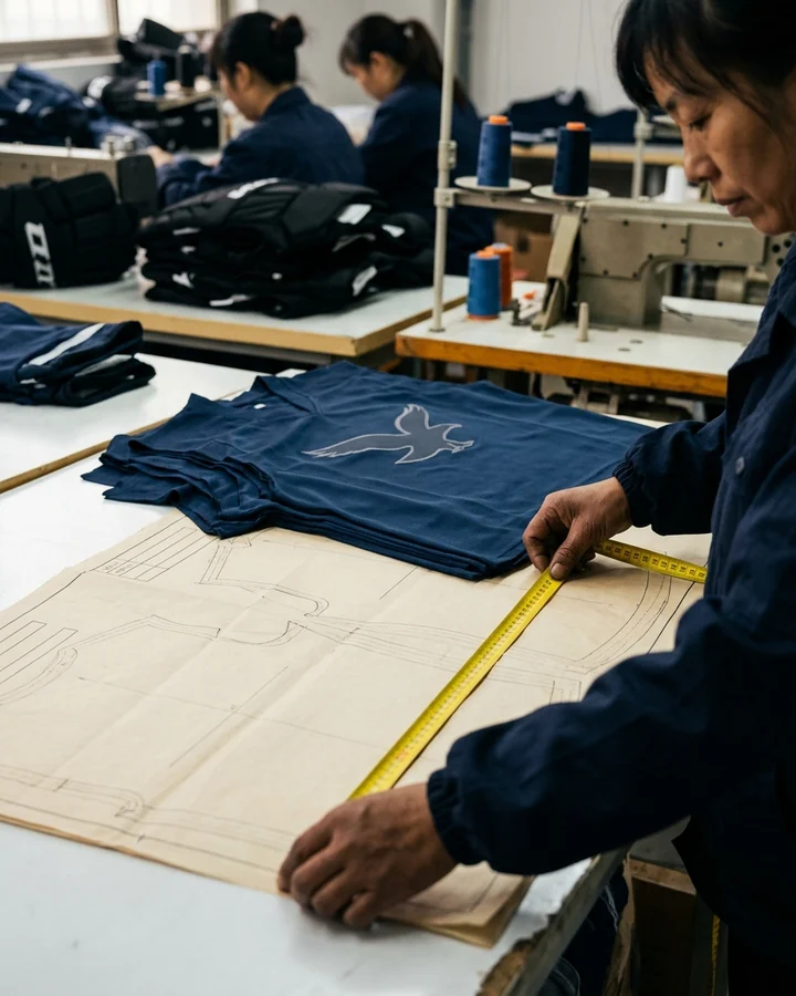 A measuring tape laid across a graded pattern sheet for a kit size run