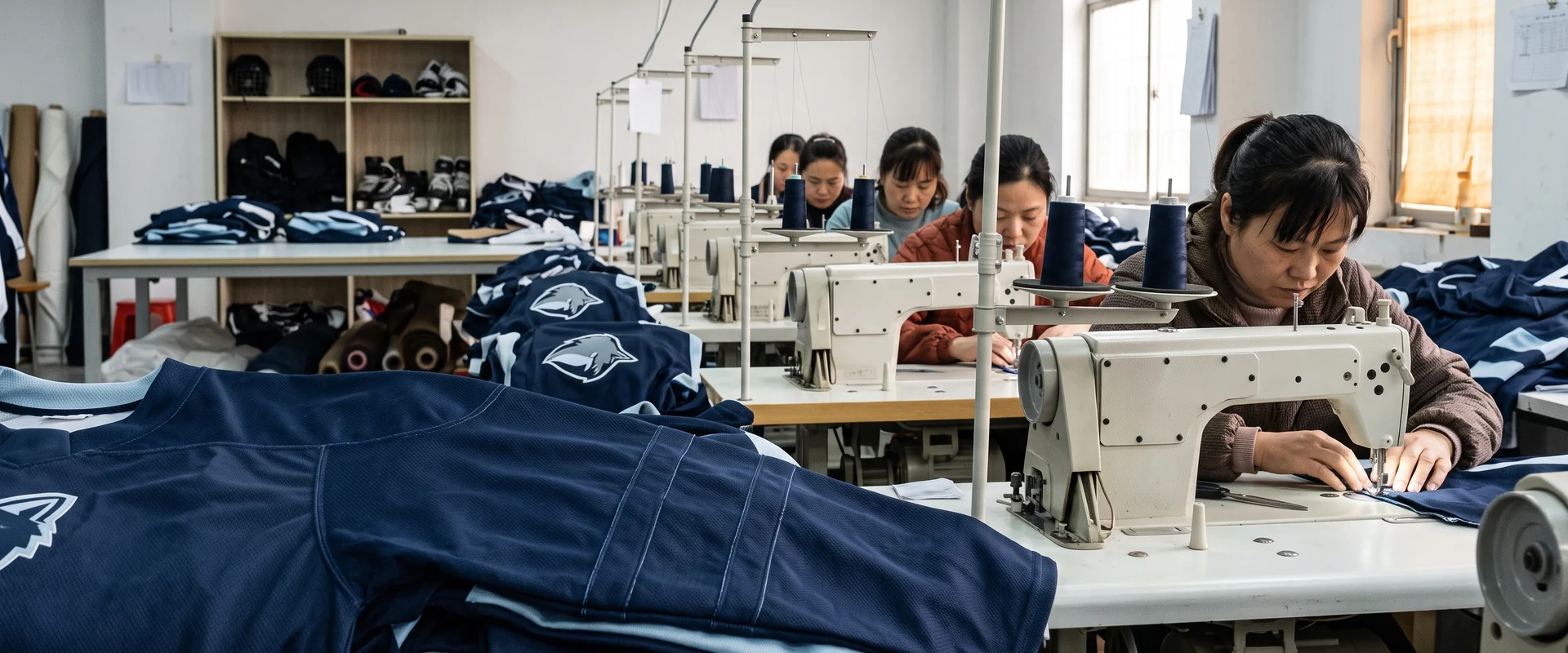 Parallel sportswear sewing lines on one production floor, operators with visible faces and hands working side by side