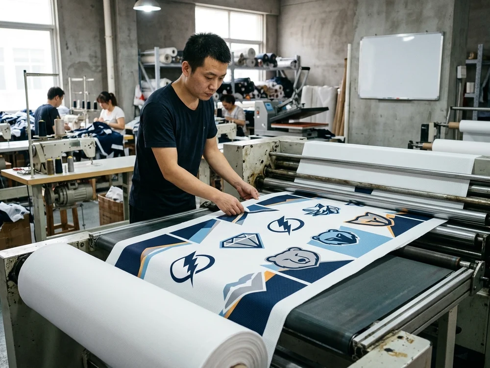 Artwork being printed onto flat polyester fabric on the sublimation line — the fiber takes the dye before any panel is cut