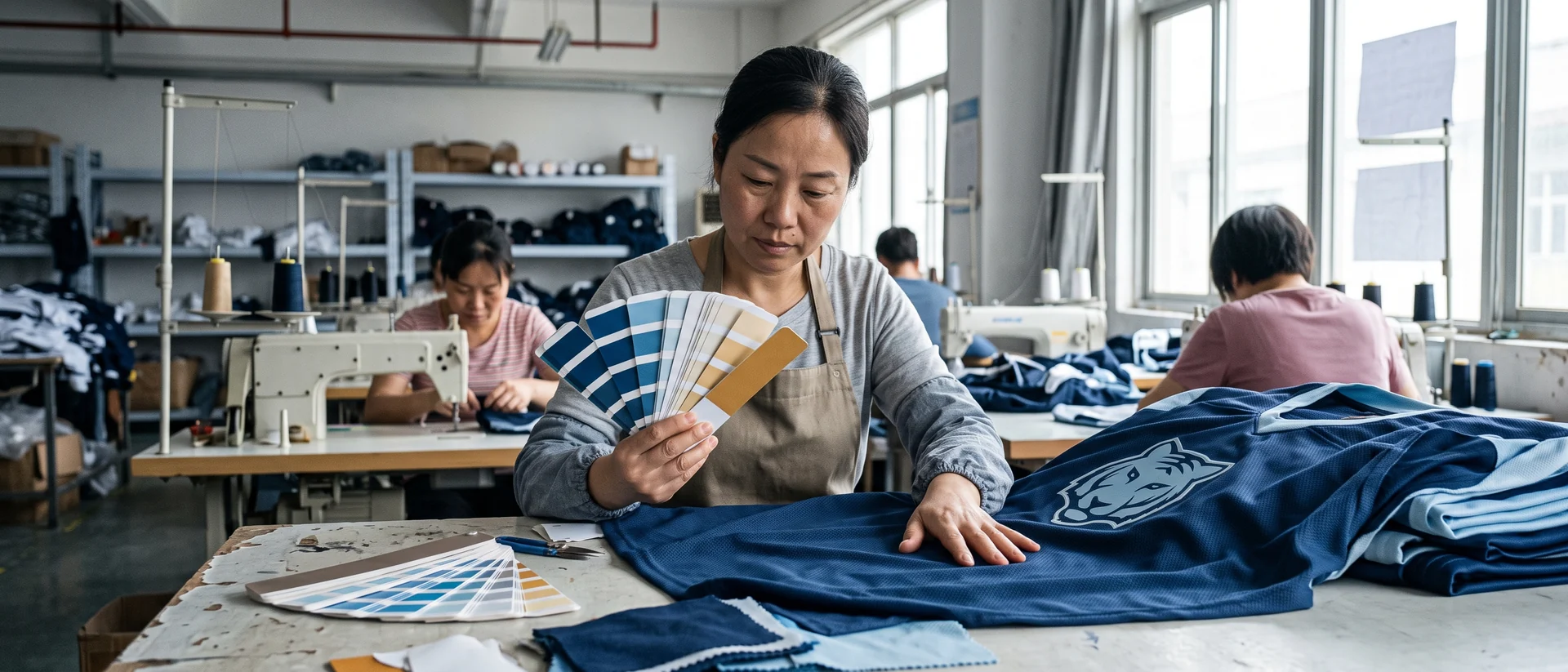 A fan of color reference cards — colors are supplied as coded references or defined builds, then matched against fabric at sampling