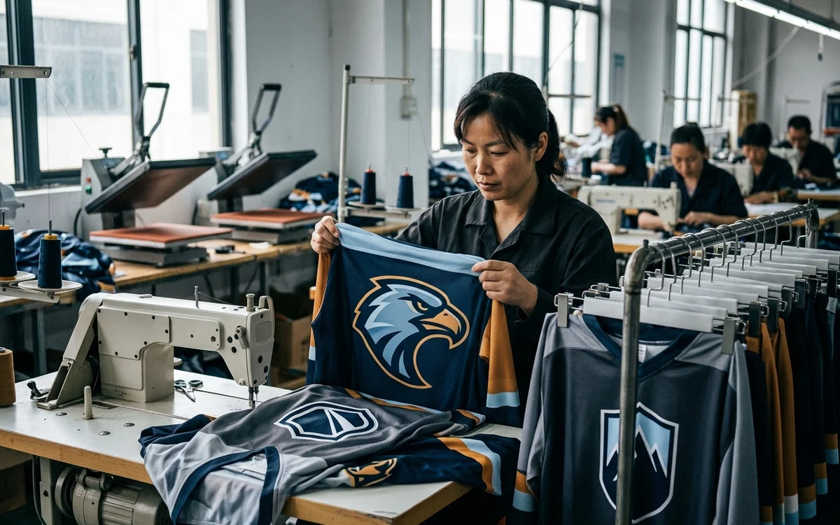 Printed garments moving through production — every sublimated design is sampled and approved before bulk