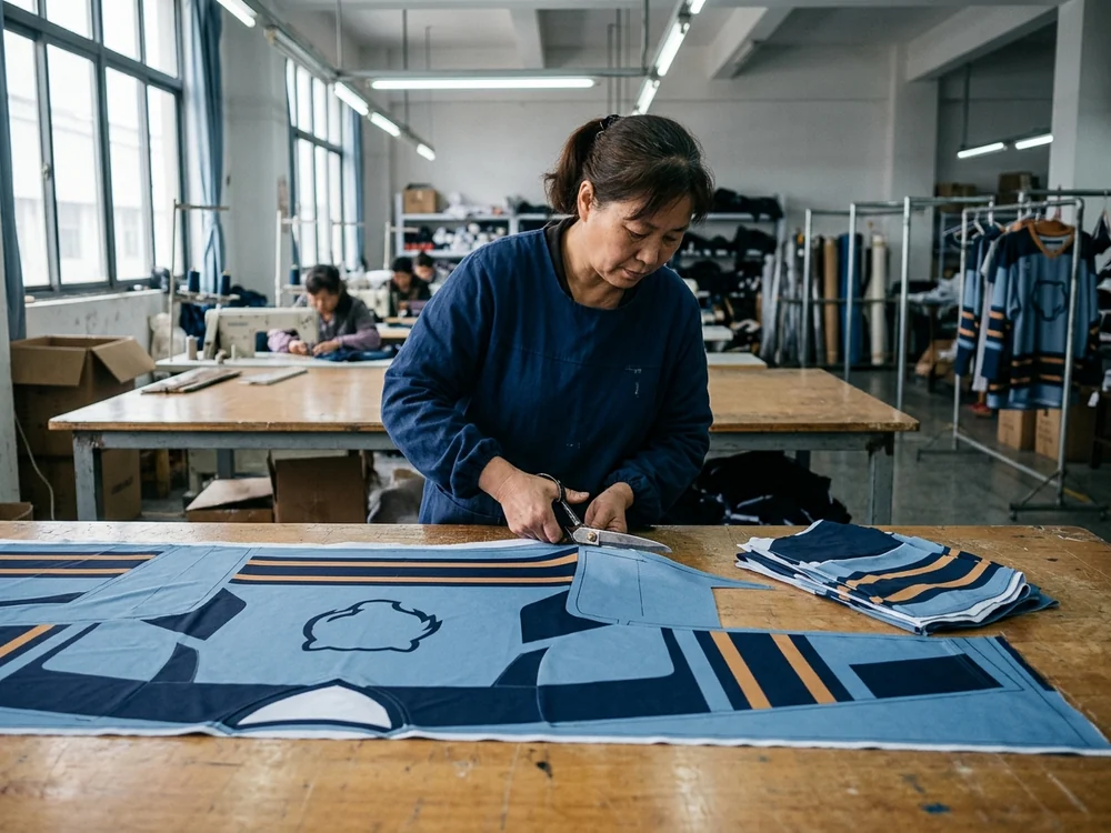 Printed panels being cut from printed cloth at planned coordinates, so a stripe continues from one panel onto the next