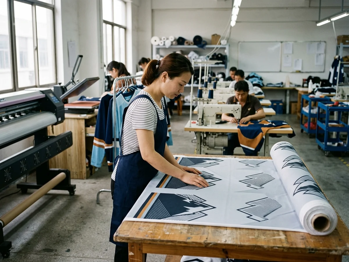 A worker inspecting printed fabric on the same floor that prints, cuts, and sews it — every stage of the order holds a physical address in one building