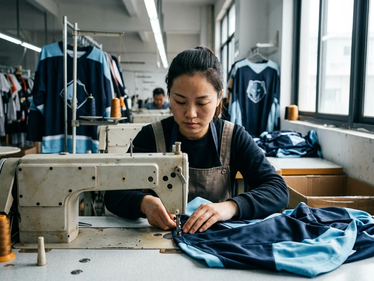 A worker finishing printed garments — decoration shops receive fully finished pieces with no step left in their own shop