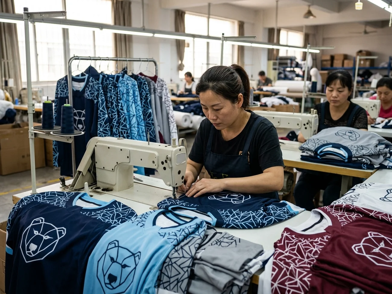 Printed fabric in varied colorways — one artwork system prints identically across a full size run