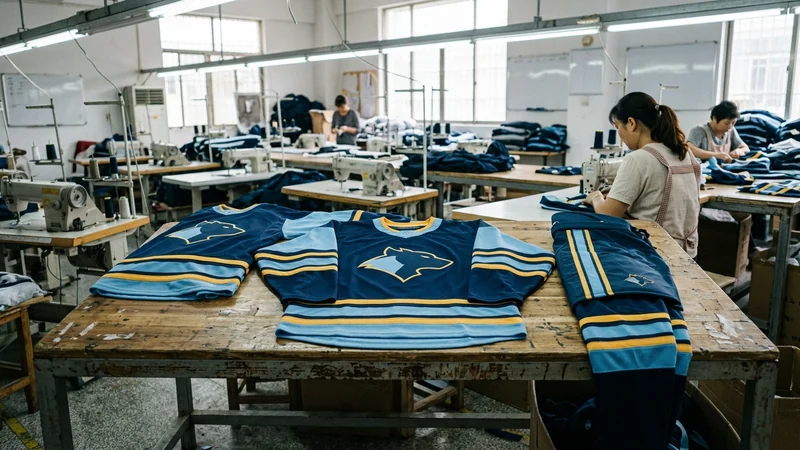 Hockey uniforms — one artwork system across three garments, ordered as one kit