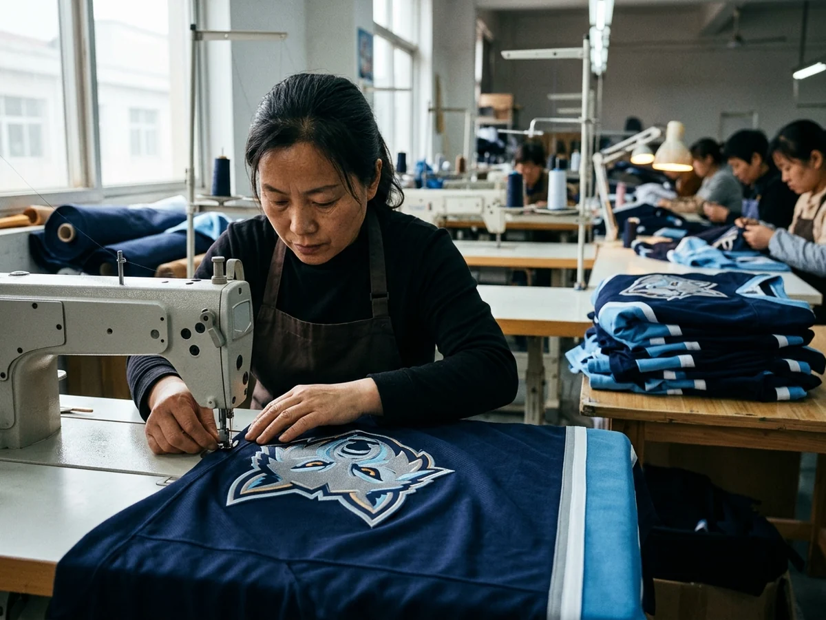 Stitched decoration being applied — twill and embroidery build a raised, layered mark that print cannot reproduce