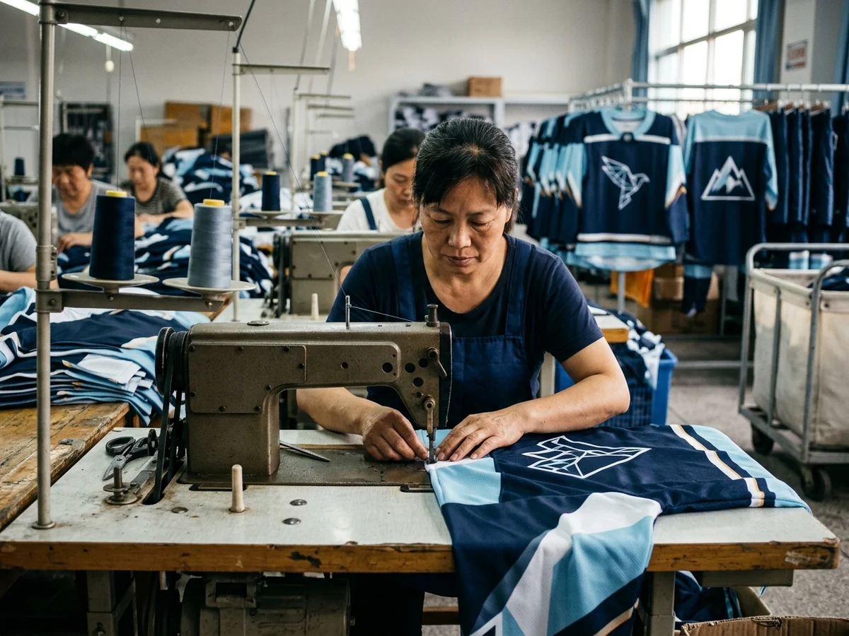 Sewing begins only after panels are cut from already-printed cloth
