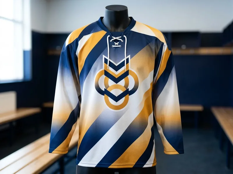Sublimated game hockey jersey with diagonal navy, white and amber print and a lace-up collar on a mannequin.