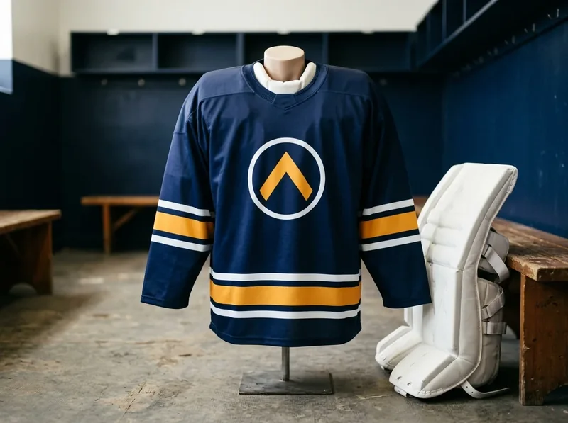 Navy sublimated goalie-cut hockey jersey with amber stripes on a mannequin, next to a white goalie leg pad.