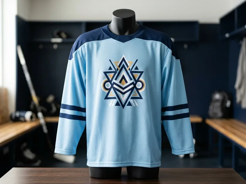 Light blue sublimated practice hockey jersey with a navy shoulder yoke on a mannequin.