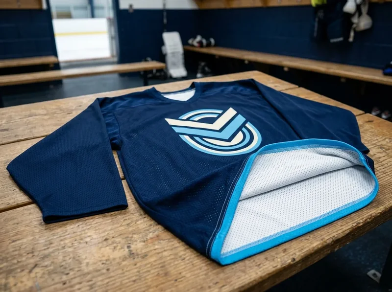 Reversible practice hockey jersey laid on a bench, navy side out with the hem folded back to show the white side.