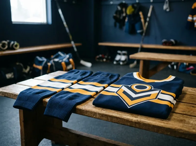Pair of navy, white and amber striped hockey socks on a bench beside a matching folded jersey.