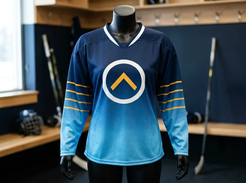 Women’s-fit sublimated hockey jersey fading from navy to ice blue on a mannequin.