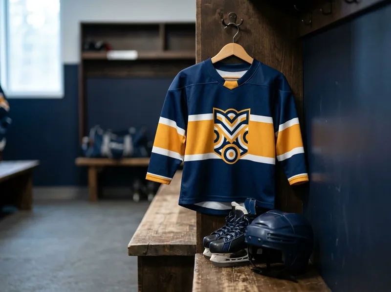 Youth-size navy and amber sublimated hockey jersey on a hanger beside small skates and a helmet.
